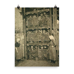 Coal Miners in a Coal Mine Elevator, 1920s Belgium poster on a plain backdrop in size 8"x10".