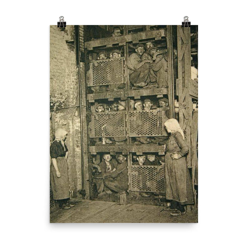 Coal Miners in a Coal Mine Elevator, 1920s Belgium poster on a plain backdrop in size 8