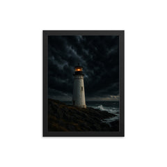 Coastal lighthouse under dramatic storm clouds framed print mockup 12x16