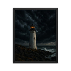 Coastal lighthouse under dramatic storm clouds framed print mockup 16x20