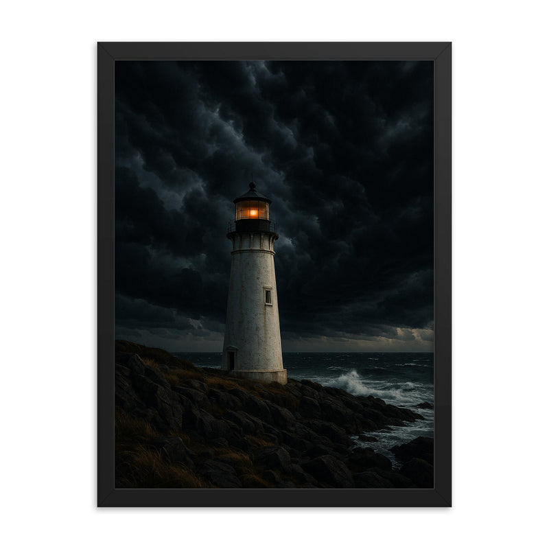 Coastal lighthouse under dramatic storm clouds framed print mockup 18x24