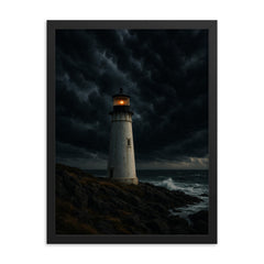 Coastal lighthouse under dramatic storm clouds framed print mockup 18x24