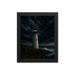 Coastal lighthouse under dramatic storm clouds framed print mockup 8x10