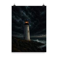 Coastal lighthouse under dramatic storm clouds poster 1