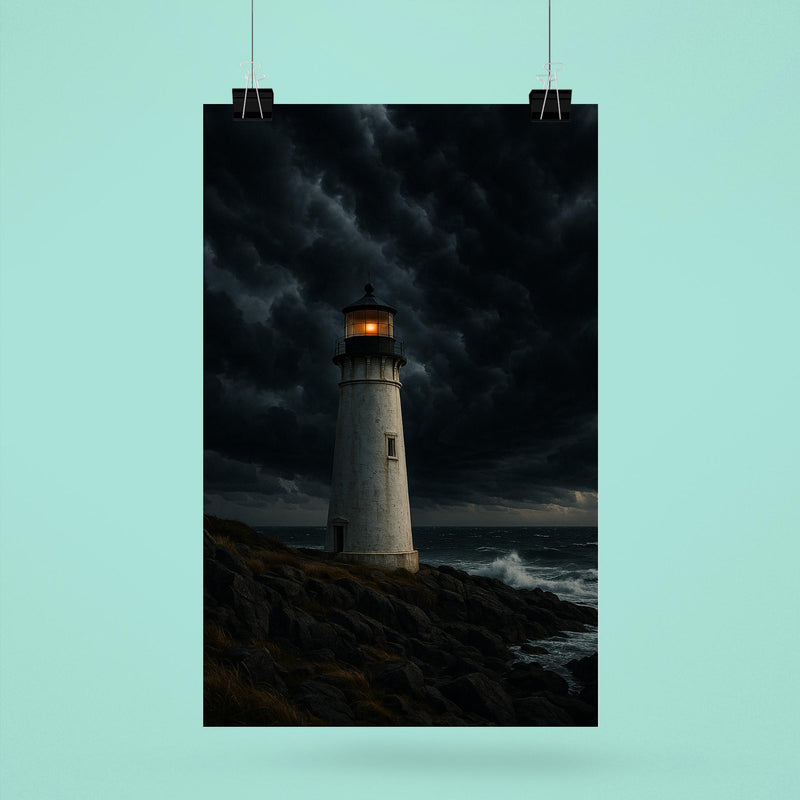 Coastal lighthouse under dramatic storm clouds poster 6