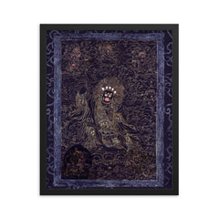 Cobalt and Gold Mahakala - Avalokiteshvara Abitabha, Bodhisattva of Compassion Tibetan Buddhist art framed print on a plain backdrop in size 16"x20".