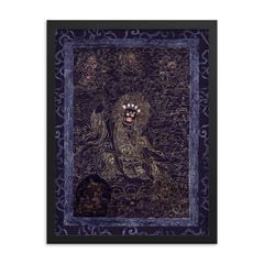 Cobalt and Gold Mahakala - Avalokiteshvara Abitabha, Bodhisattva of Compassion Tibetan Buddhist art framed print on a plain backdrop in size 18"x24".