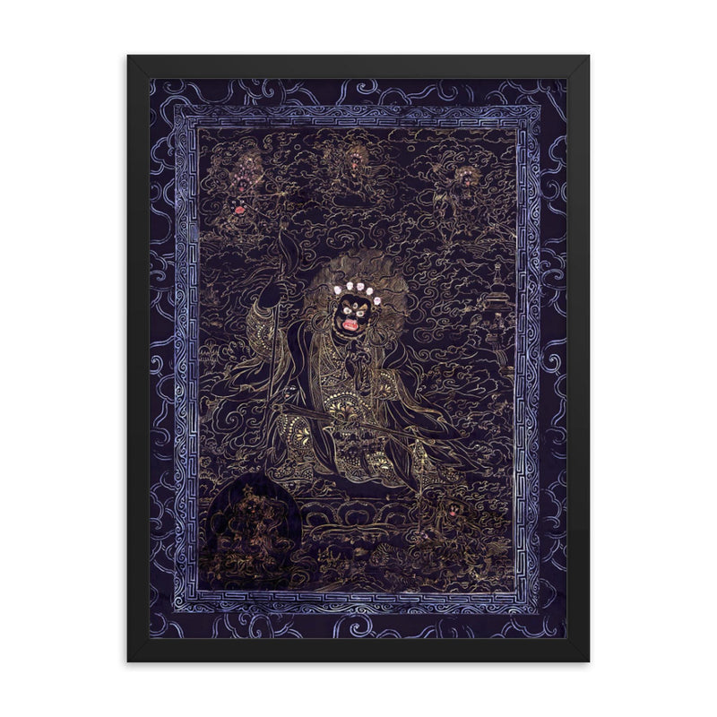 Cobalt and Gold Mahakala - Avalokiteshvara Abitabha, Bodhisattva of Compassion Tibetan Buddhist art framed print on a plain backdrop in size 18