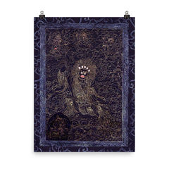 Cobalt and Gold Mahakala - Avalokiteshvara Abitabha, Bodhisattva of Compassion Tibetan Buddhist art poster on a plain backdrop in size 8"x10".