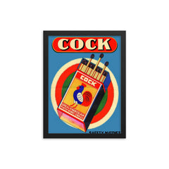 Cock safety matches - vintage matchbox ad framed print on a plain backdrop in size 12"x16".