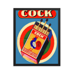 Cock safety matches - vintage matchbox ad framed print on a plain backdrop in size 16"x20".