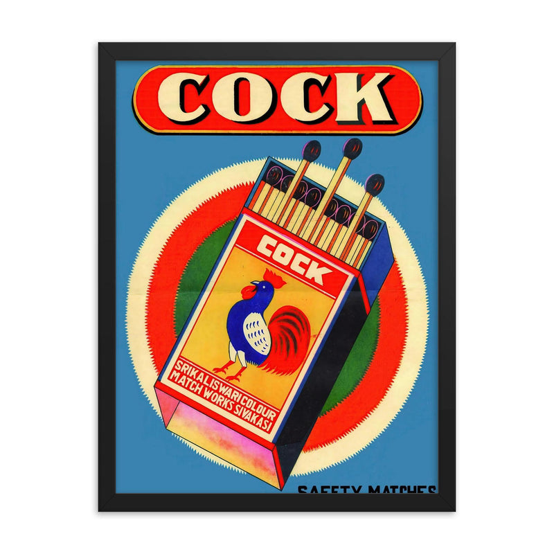 Cock safety matches - vintage matchbox ad framed print on a plain backdrop in size 18