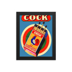 Cock safety matches - vintage matchbox ad framed print on a plain backdrop in size 8"x10".