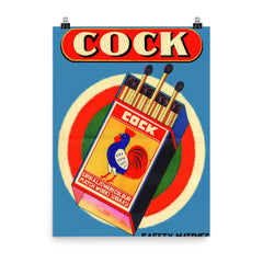 Cock safety matches - vintage matchbox ad poster on a plain backdrop in size 8"x10".