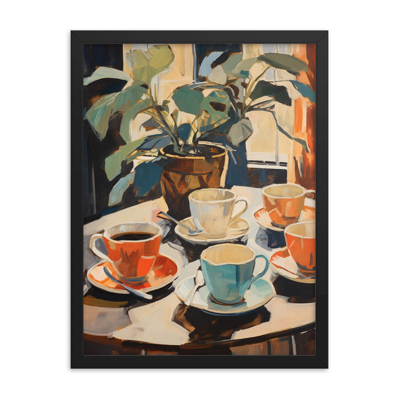 Coffee wall art - charming vintage minimalistic illustration of teacups and plant framed print on a plain backdrop in size 18
