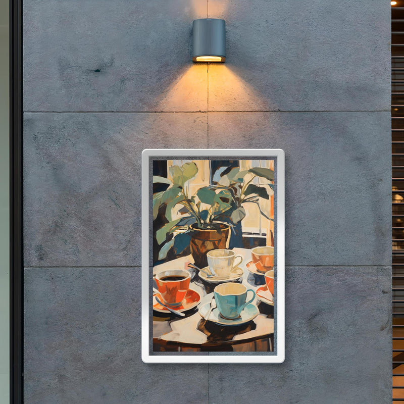 Coffee wall art - charming vintage minimalistic illustration of teacups and plant poster 2