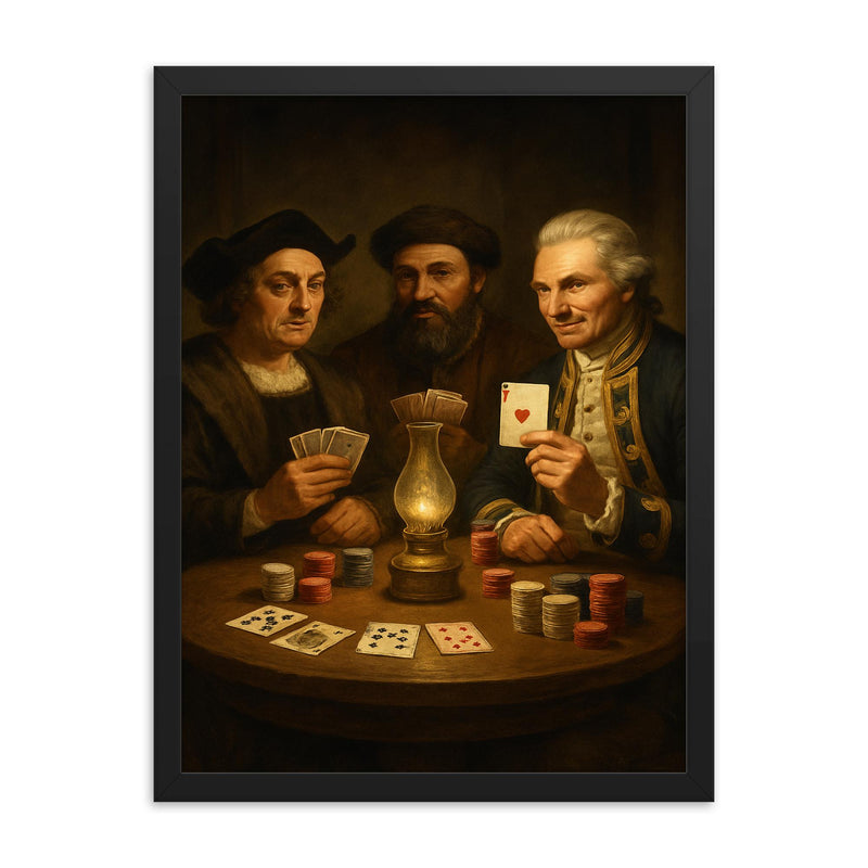 Columbus Magellan and Cook playing poker framed print on a plain backdrop in size 18