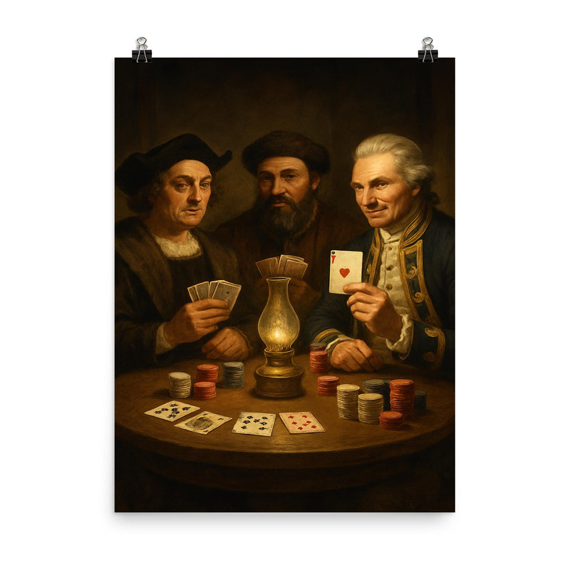 Columbus Magellan and Cook playing poker poster on a plain backdrop in size 8