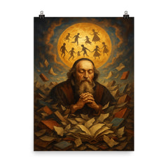 Comenius amid shattered books dreaming universal education poster on a plain backdrop in size 8"x10".