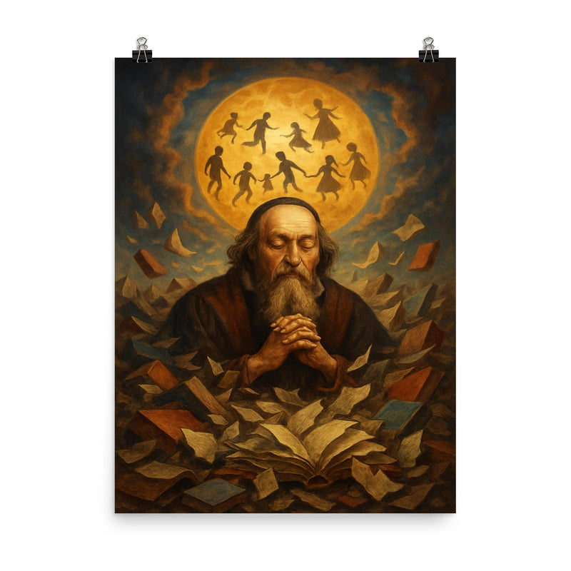 Comenius amid shattered books dreaming universal education poster on a plain backdrop in size 8