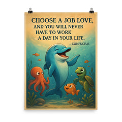 Confucius quote choose a job you love never work dolphin illustration poster on a plain backdrop in size 8"x10".