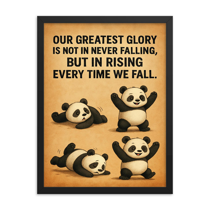confucius quote clumsy panda rising after falling inspiring framed print on a plain backdrop in size 18
