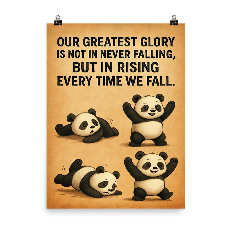 confucius quote clumsy panda rising after falling inspiring poster on a plain backdrop in size 8