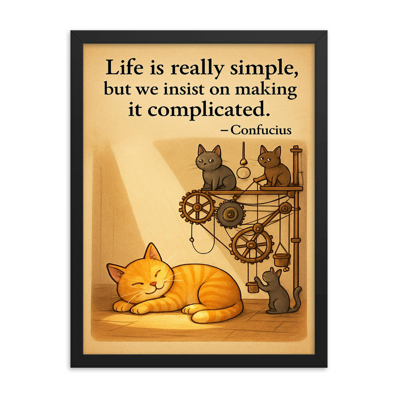 Confucius quote life is simple cat napping in sunbeam framed print on a plain backdrop in size 18