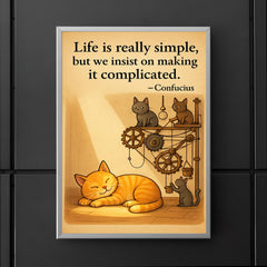 Confucius quote life is simple cat napping in sunbeam poster 5