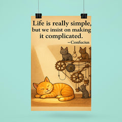 Confucius quote life is simple cat napping in sunbeam poster 6