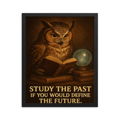 Confucius quote owl with glasses reading history books study the past define the future framed print on a plain backdrop in size 16"x20".