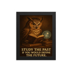 Confucius quote owl with glasses reading history books study the past define the future framed print on a plain backdrop in size 8"x10".
