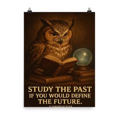 Confucius quote owl with glasses reading history books study the past define the future poster on a plain backdrop in size 8"x10".