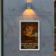 Confucius quote owl with glasses reading history books study the past define the future poster 2