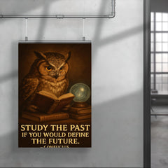 Confucius quote owl with glasses reading history books study the past define the future poster 4
