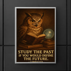 Confucius quote owl with glasses reading history books study the past define the future poster 5