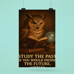 Confucius quote owl with glasses reading history books study the past define the future poster 6