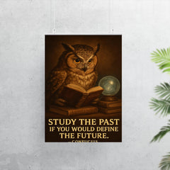 Confucius quote owl with glasses reading history books study the past define the future poster 7