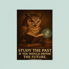 Confucius quote owl with glasses reading history books study the past define the future poster 8