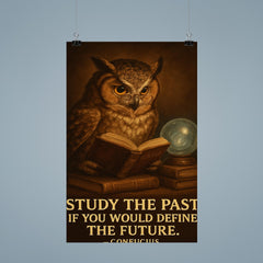 Confucius quote owl with glasses reading history books study the past define the future poster 9
