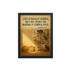 confucius quote simple life cat napping in sunbeam while others build complicated contraptions post framed print on a plain backdrop in size 12"x16".