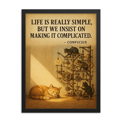 confucius quote simple life cat napping in sunbeam while others build complicated contraptions post framed print on a plain backdrop in size 18"x24".