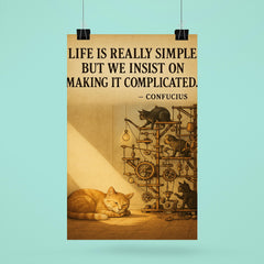 confucius quote simple life cat napping in sunbeam while others build complicated contraptions post poster 6