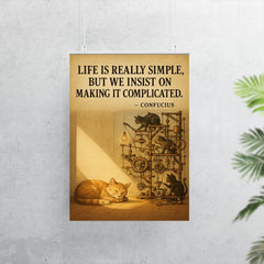 confucius quote simple life cat napping in sunbeam while others build complicated contraptions post poster 7