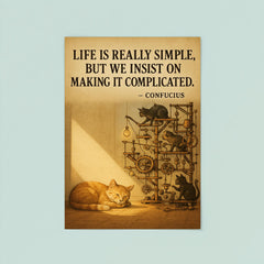 confucius quote simple life cat napping in sunbeam while others build complicated contraptions post poster 8