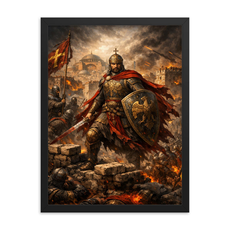 Constantine XI at the final walls framed print on a plain backdrop in size 18