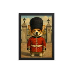 Corgi royal guard standing at Buckingham gate with bearskin hat framed print on a plain backdrop in size 12"x16".