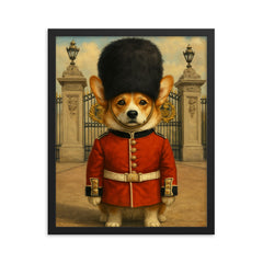 Corgi royal guard standing at Buckingham gate with bearskin hat framed print on a plain backdrop in size 16"x20".