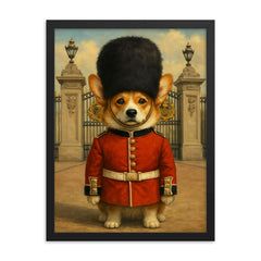 Corgi royal guard standing at Buckingham gate with bearskin hat framed print on a plain backdrop in size 18"x24".