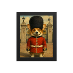 Corgi royal guard standing at Buckingham gate with bearskin hat framed print on a plain backdrop in size 8"x10".